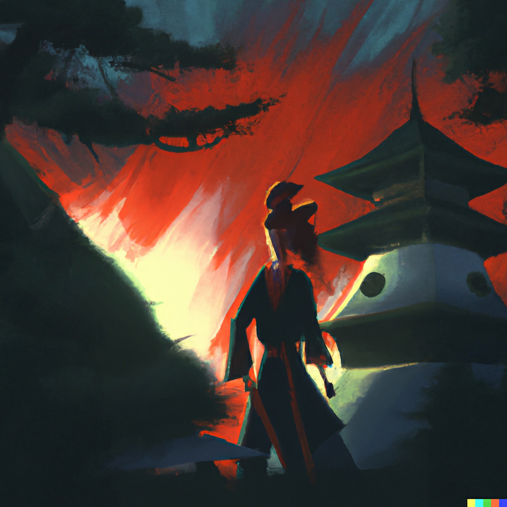 japanese-pagoda-in-china-in-a-dark-forest-with-a-female-samurai-in-the-foreground-1
