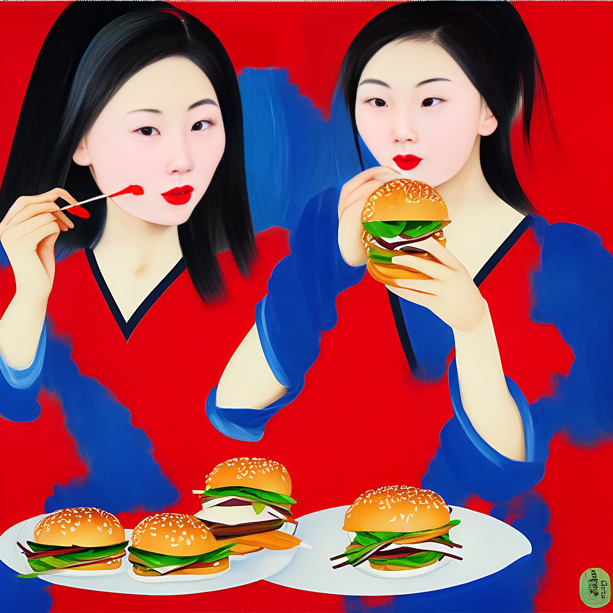 chinese-girls-eating-burger-painting