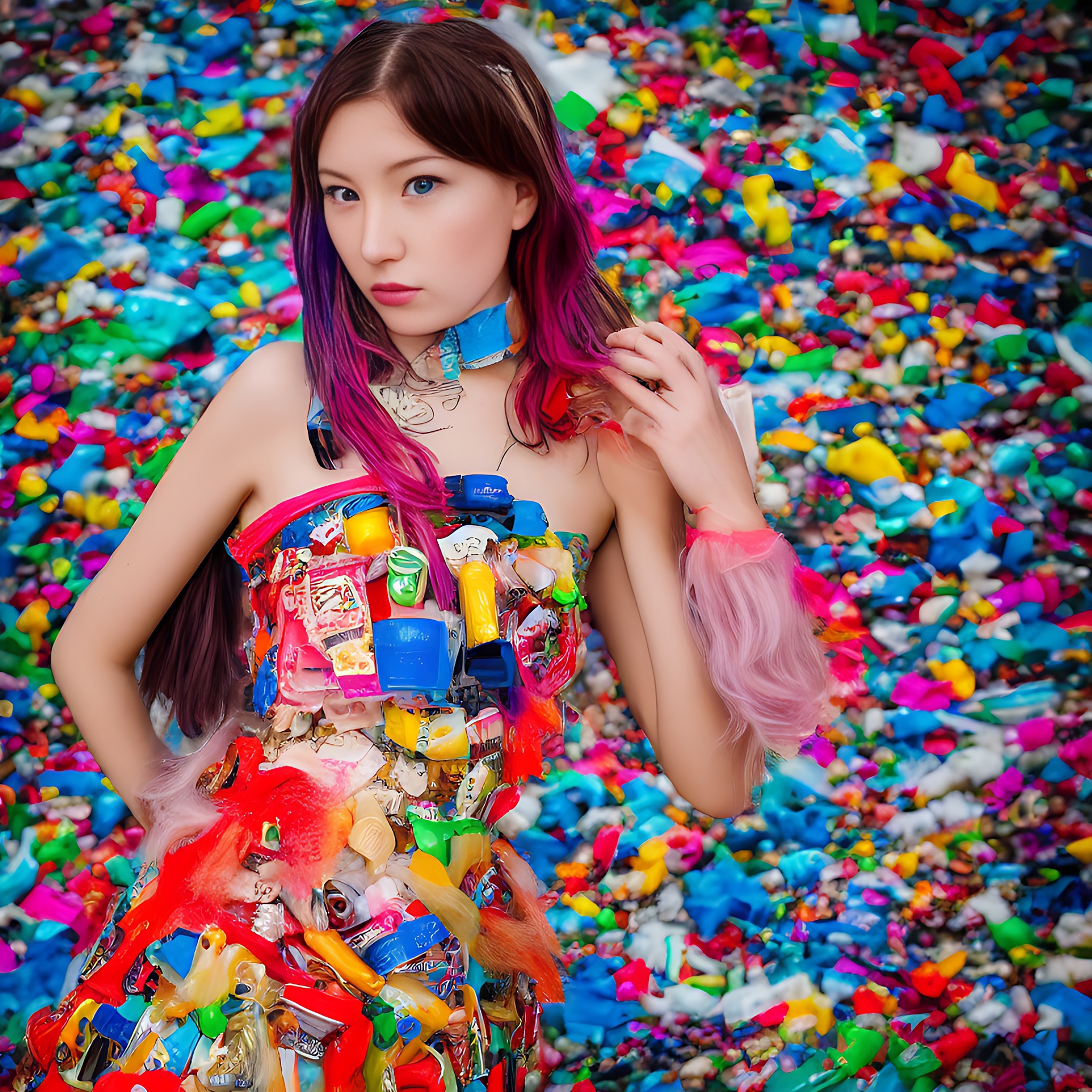 model-plastic-trash-dress-colorful-portrait