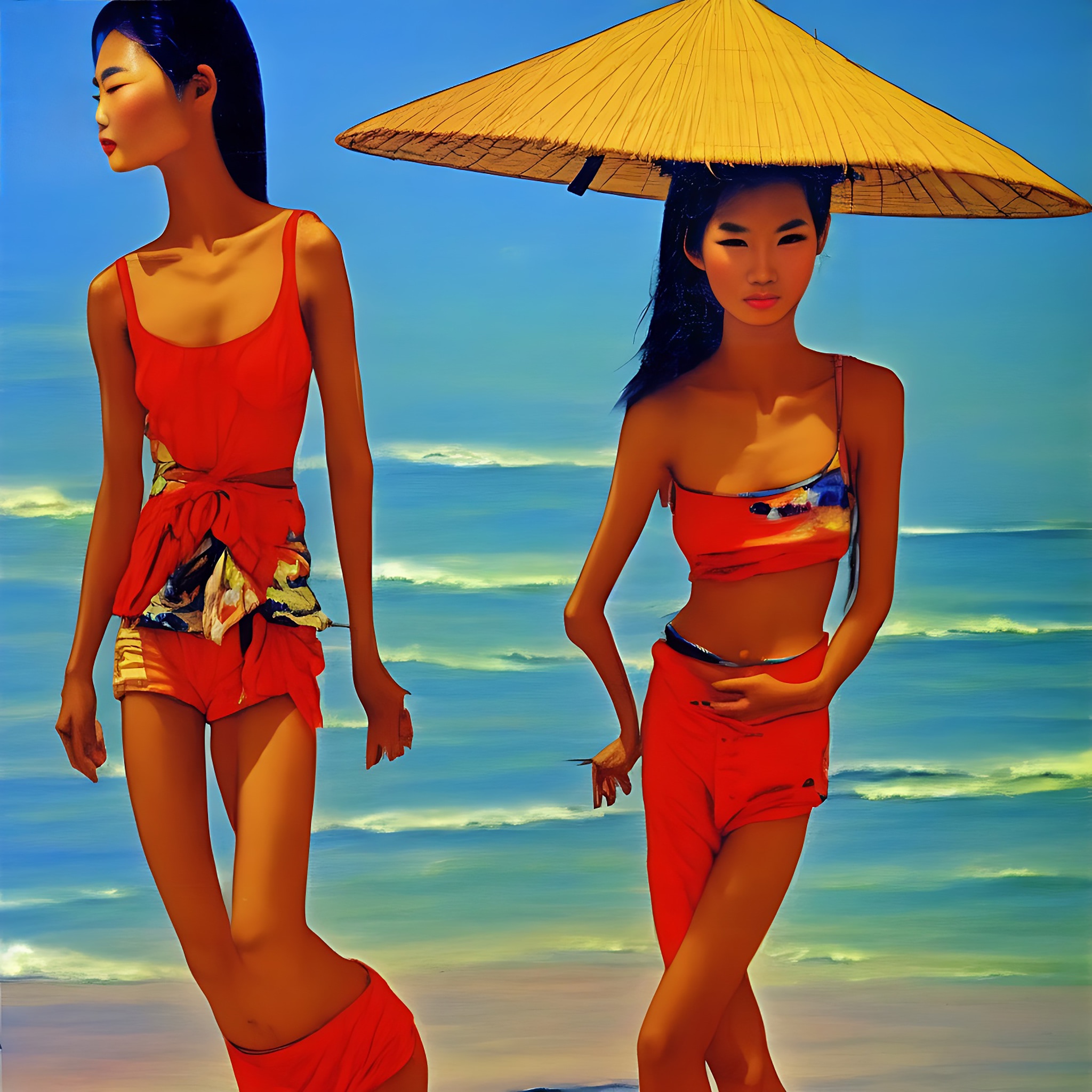 vietnamese-model-on-a-beach-in-asia-in-the-1980s-painting