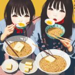 Japanese-girl-eating-Butter-ramen-lots-of-details-cute-Japanese-artwork-old-town-historic-pop-u8f9