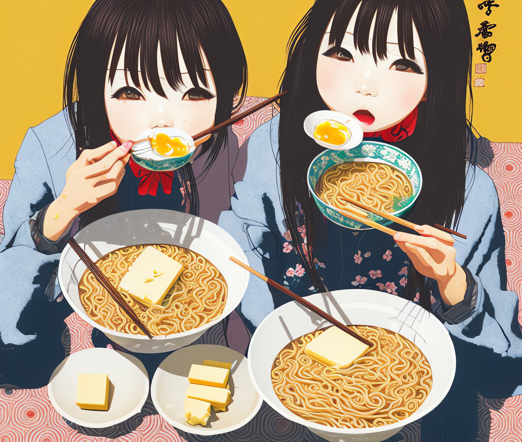 Japanese-girl-eating-Butter-ramen-lots-of-details-cute-Japanese-artwork-old-town-historic-pop-u8f9