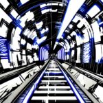 Japanese-train-driving-in-Neo-Tokyo-neon-lights-tunnel-Black-white-manga-160c