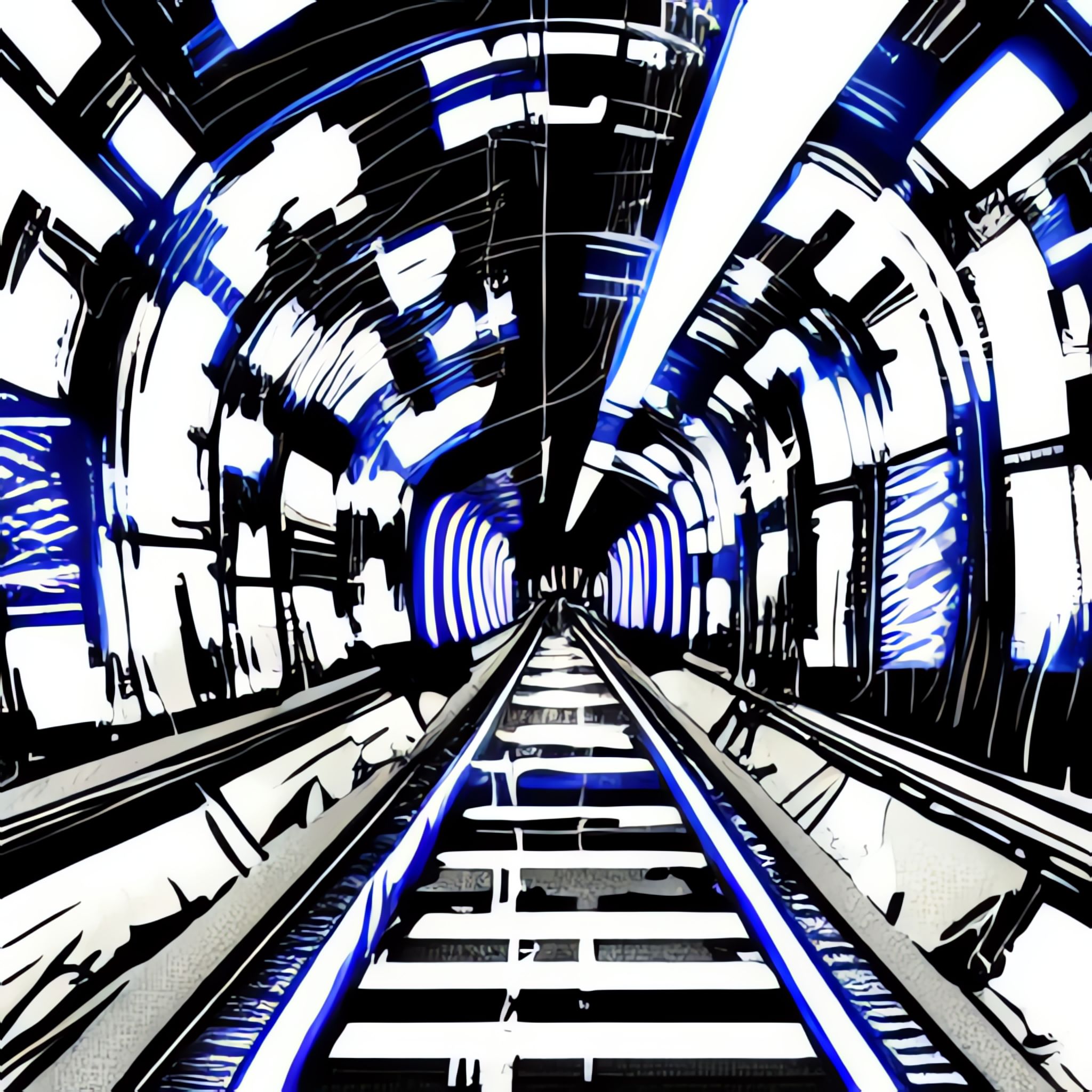 Japanese-train-driving-in-Neo-Tokyo-neon-lights-tunnel-Black-white-manga-160c