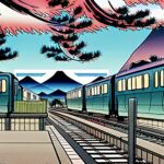 Japanese-train-from-behind-mountain-in-the-background-Manga-Gosho-Aoyama-ti2u