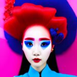 Korean-influencer-in-a-Chinese-dress-with-dark-wild-hair-red-blue-make-up-3d-art-97kt