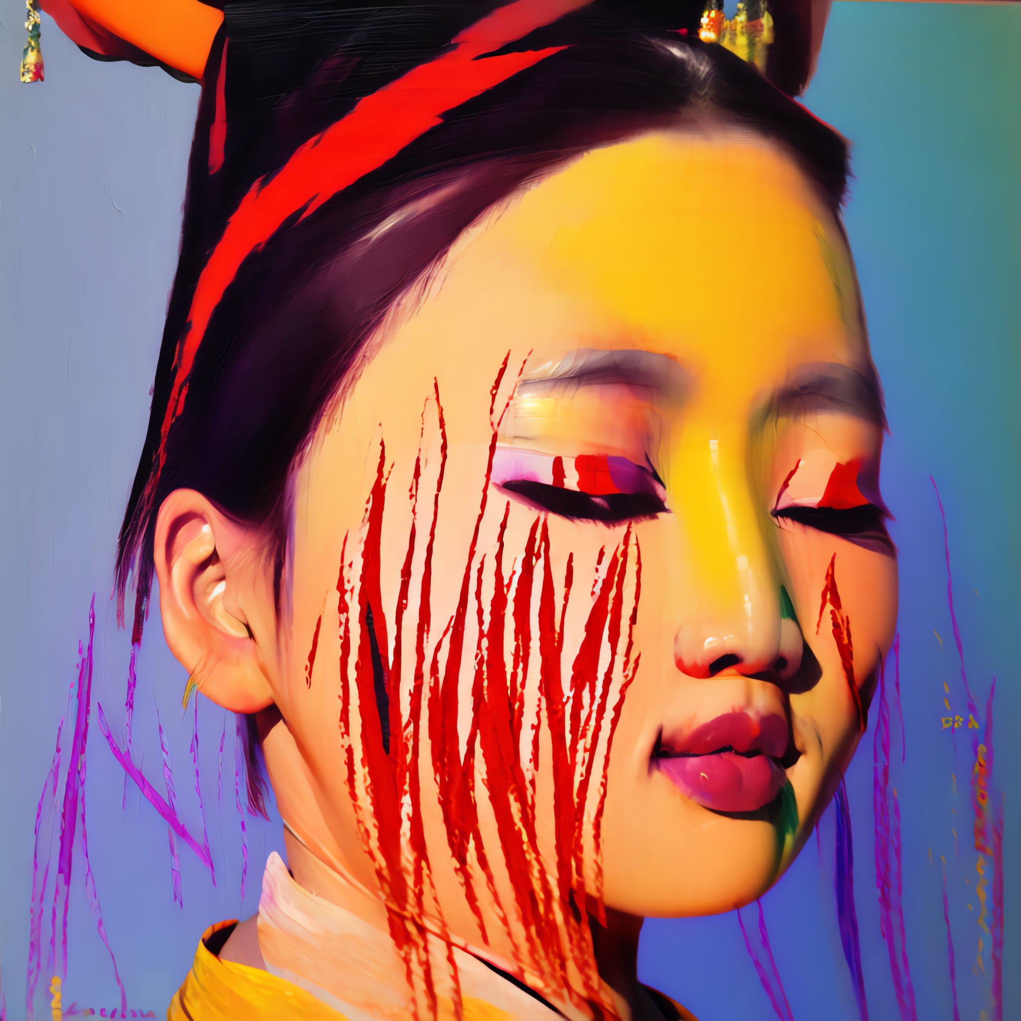 Korean-model-with-purple-red-yellow-color-smeared-over-the-face-in-traditional-clothes-impressionis-88fv