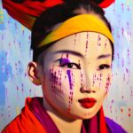 Korean-model-with-purple-red-yellow-color-smeared-over-the-face-in-traditional-clothes-impressionis-beno