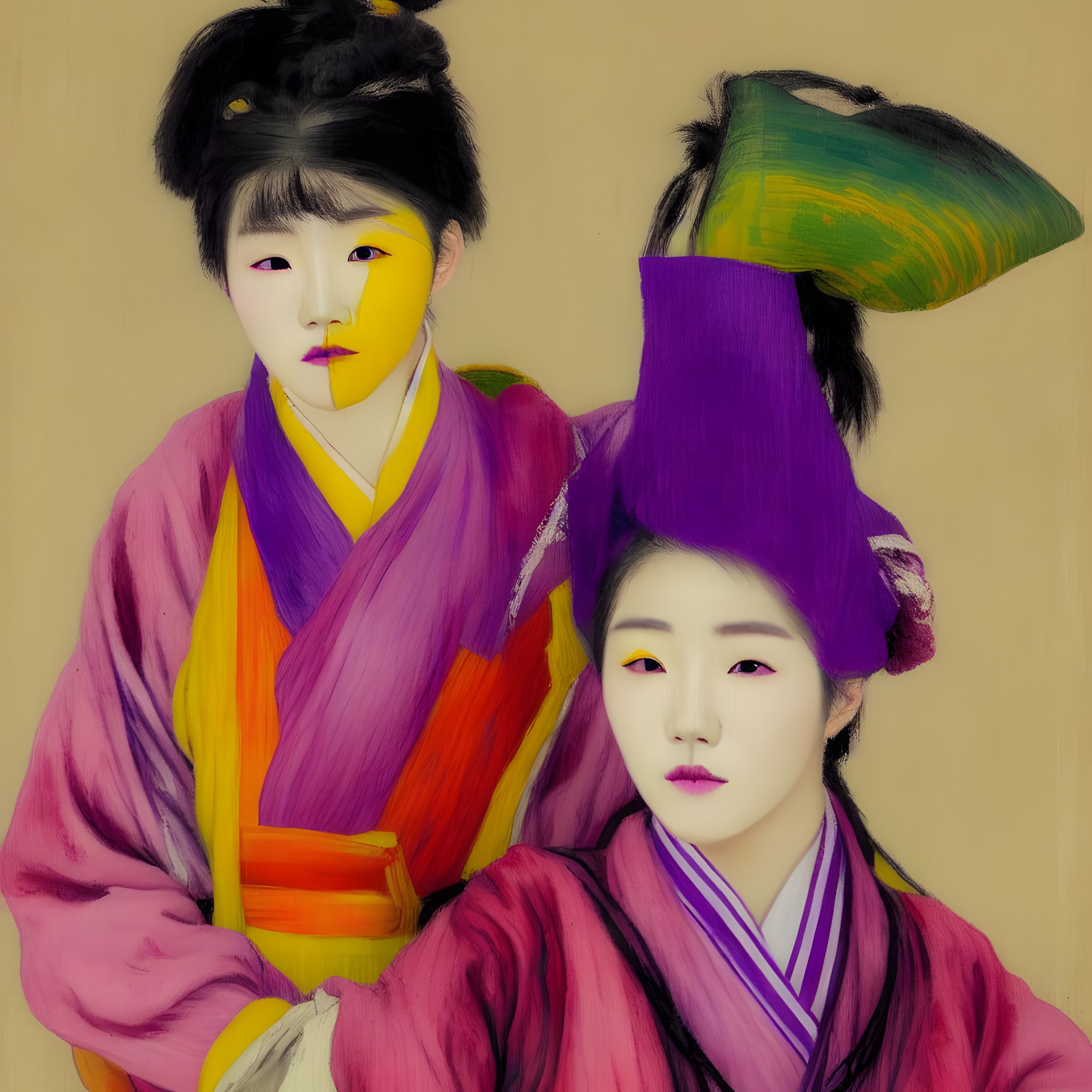 Korean-model-with-purple-red-yellow-color-smeared-over-the-face-in-traditional-clothes-impressionist-ifl4