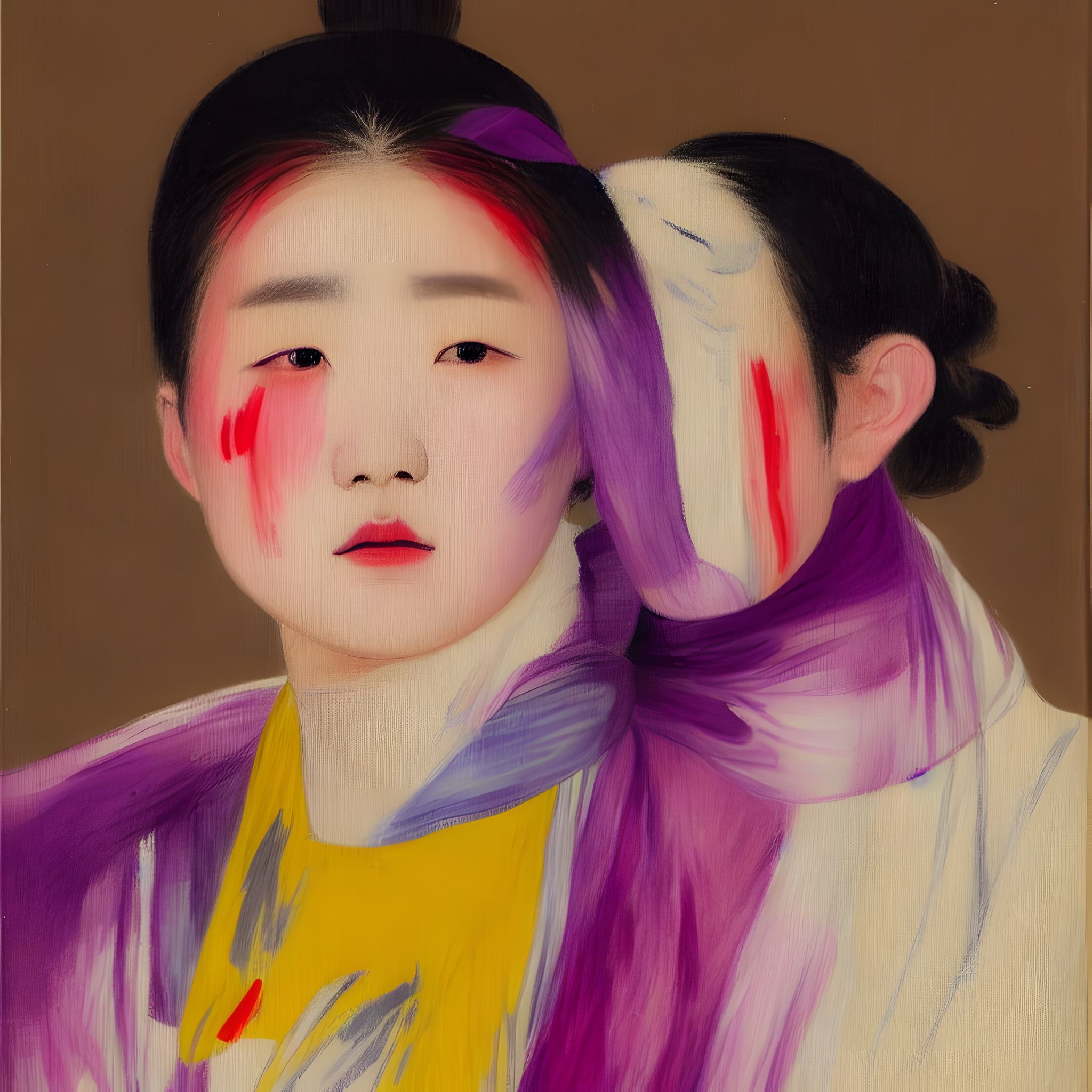 Korean-model-with-purple-red-yellow-color-smeared-over-the-face-in-traditional-clothes-impressionist-u711