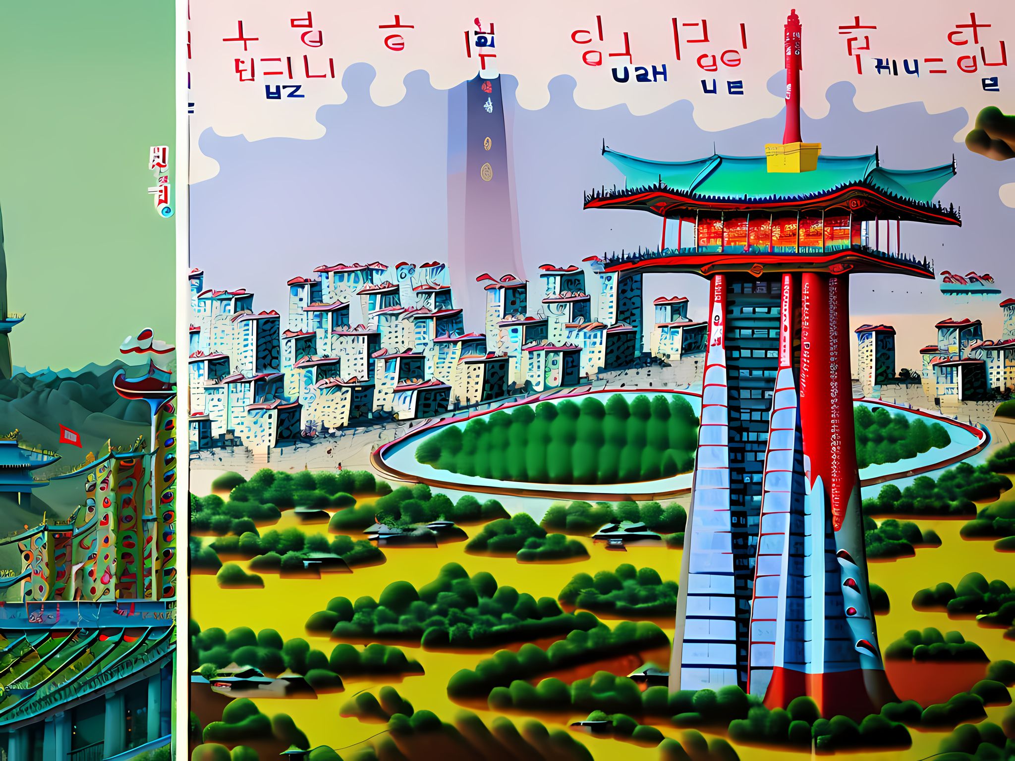 Melting-tower-in-Pyongyang-tower-in-the-center-of-frame-North-Korea-city-nature-Asian-Historic-k3xt