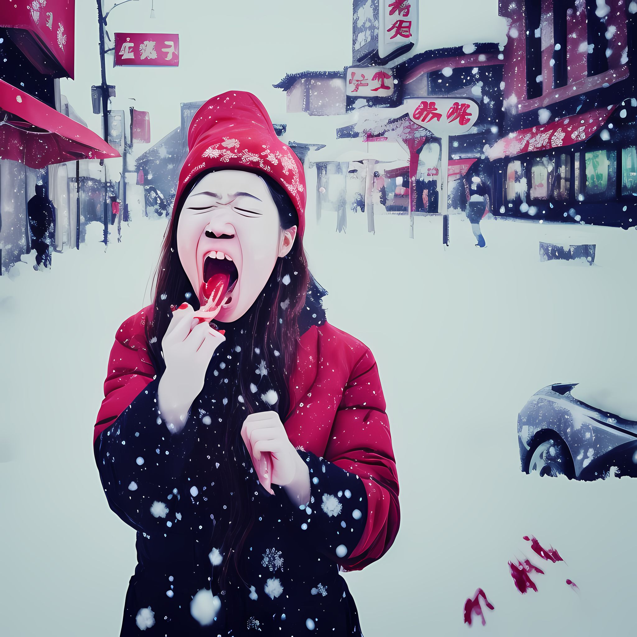 Painting-of-Chinese-food-Girl-shouting-winter-snow-person-eating-cold-color-sharp-focus-face-7njw