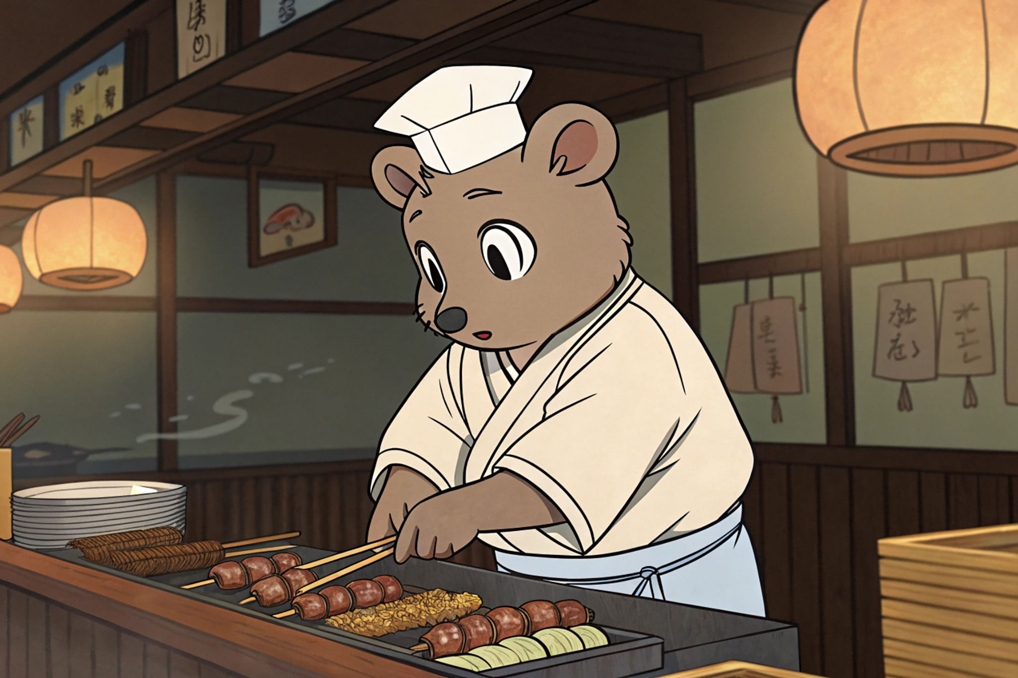 anthropomorphic-quokka-working-yakitori