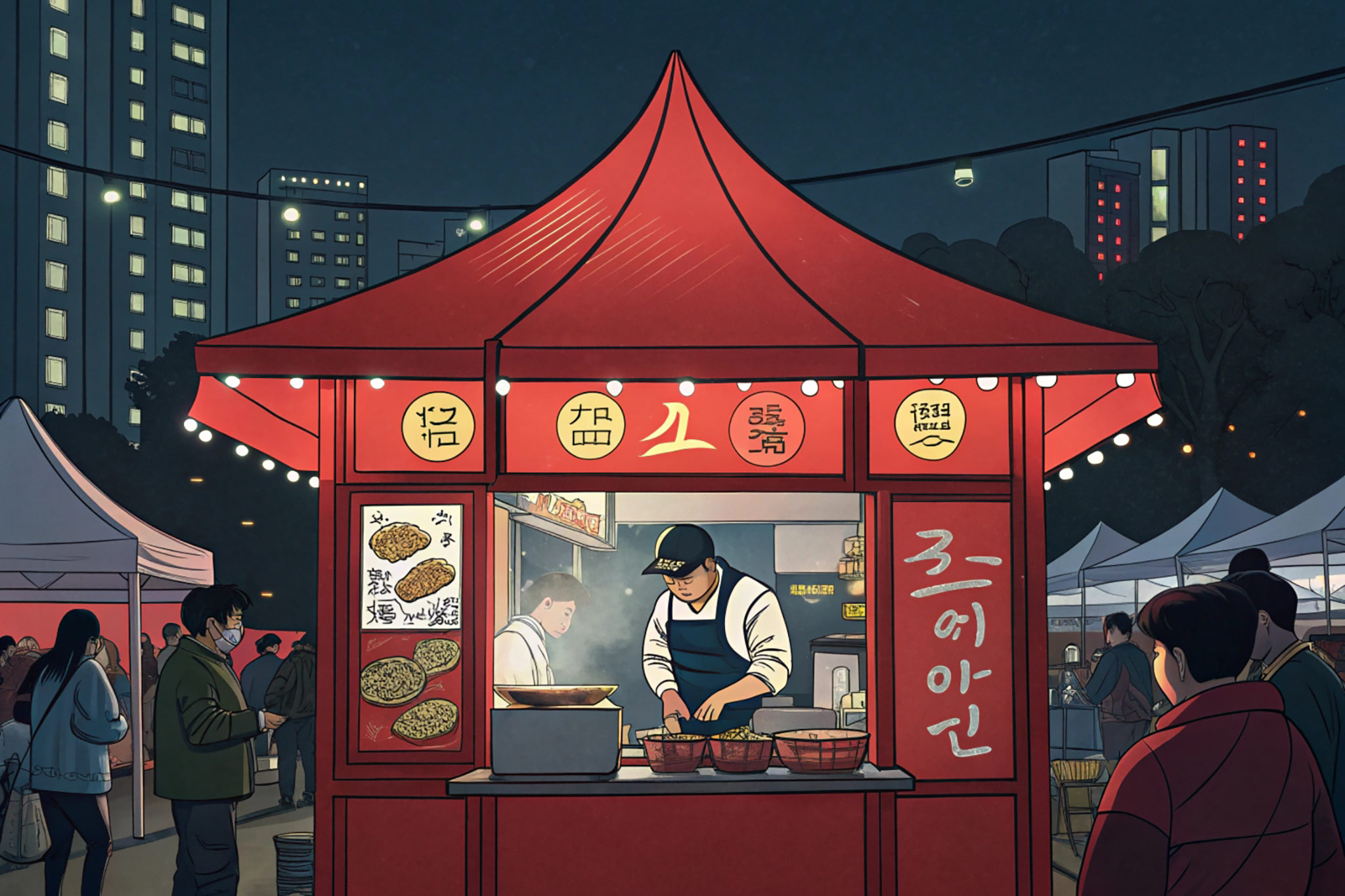 modern-comic-illustration-of-red-food-tent-in-seoul