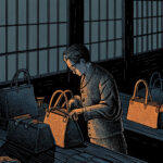 Person inspecting handbags in a dimly lit workshop.